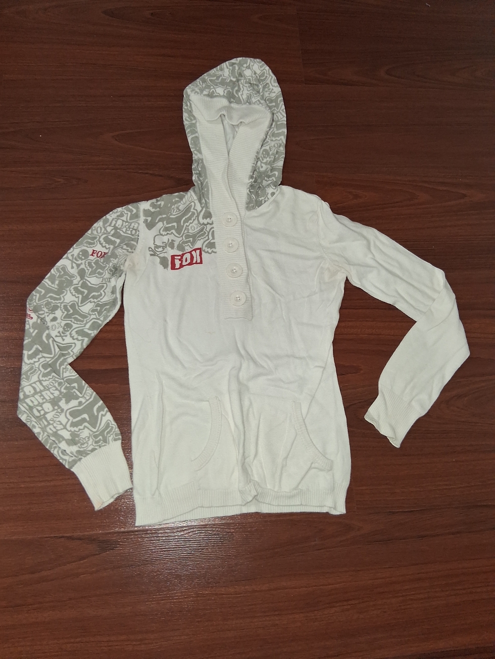 Fox White Hoodie with Grey Patterned Left Sleeve and Hood Accents